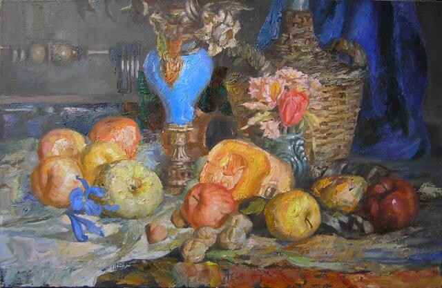 Painting titled "Still life with a b…" by Tin Gali, Original Artwork, Oil