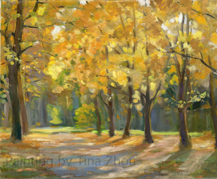 Ζωγραφική με τίτλο "Gold Autumn Path" από Tina Zhou, Αυθεντικά έργα τέχνης, Λάδι