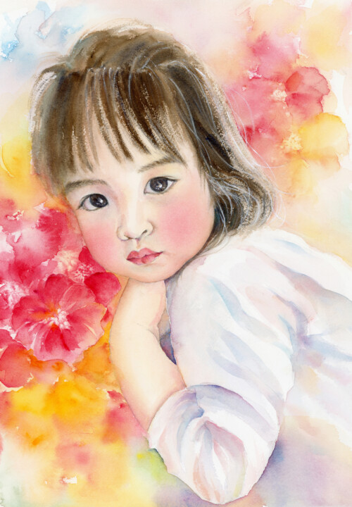 Painting titled "The Rosy Cheeks" by Tiny Pochi, Original Artwork, Watercolor