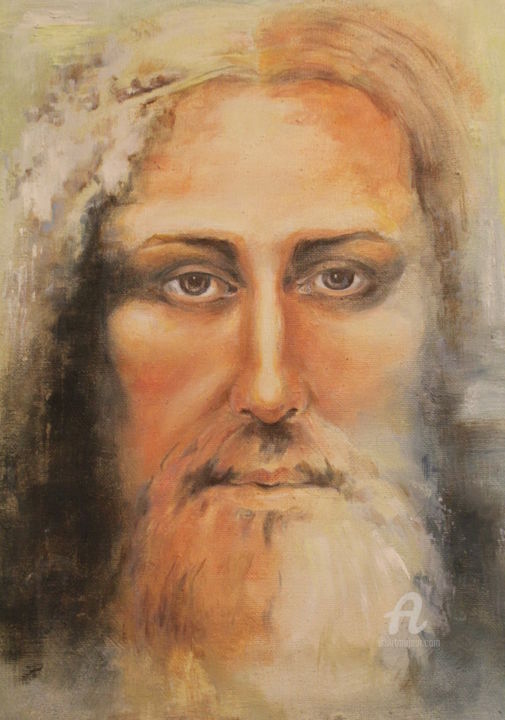 Schilderij getiteld ",,Christ''" door Irina Tischenko, Origineel Kunstwerk, Olie Gemonteerd op Frame voor houten brancard