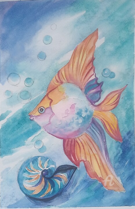 Painting titled ",,Gold Fish"" by Irina Tischenko, Original Artwork, Watercolor
