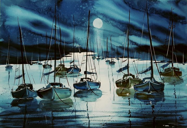 Painting titled "Blue Moon" by Tito Fornasiero, Original Artwork, Watercolor