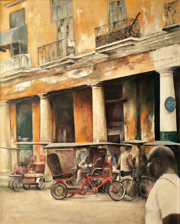 Painting titled "Parada Bici-taxi" by Tomás Castaño, Original Artwork, Oil Mounted on Wood Stretcher frame