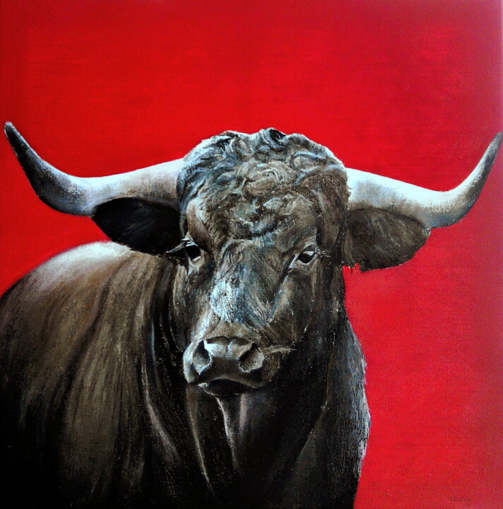 Schilderij getiteld "Toro bravo sobre ro…" door Tomás Castaño, Origineel Kunstwerk, Olie