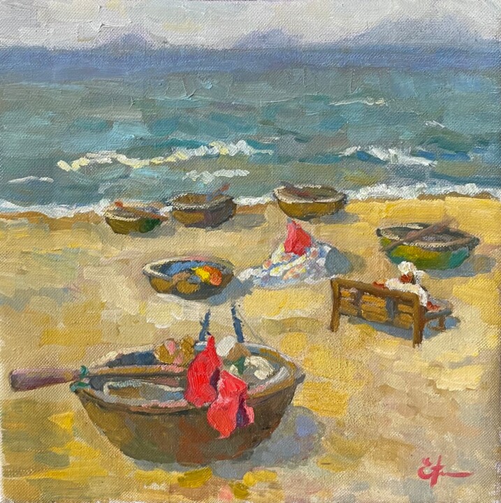 Painting titled "Coconut boats" by Tomileka, Original Artwork, Oil