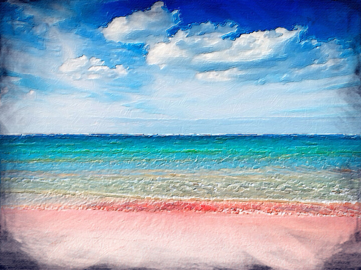 Painting titled "Pink Sand Beach Sun…" by Tony Rubino, Original Artwork, Acrylic Mounted on Wood Stretcher frame