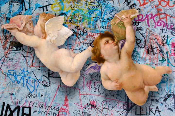 Painting titled "Cupid Cherub Graffi…" by Tony Rubino, Original Artwork, Acrylic Mounted on Wood Stretcher frame