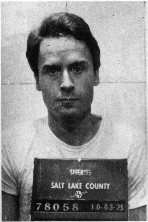 Pittura intitolato "Ted Bundy Mug Shot…" da Tony Rubino, Opera d'arte originale, Acrilico Montato su Telaio per barella in l…