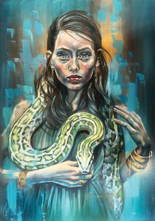 Painting titled "Eve and the serpent." by Tonya Seiler, Original Artwork, Oil Mounted on Wood Stretcher frame