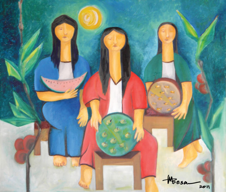 Pintura intitulada "Women Vendors" por Miriam Besa, Obras de arte originais, Óleo