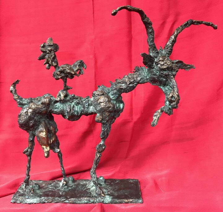 Sculpture titled "Goat with bird" by Erno Toth, Original Artwork, Bronze