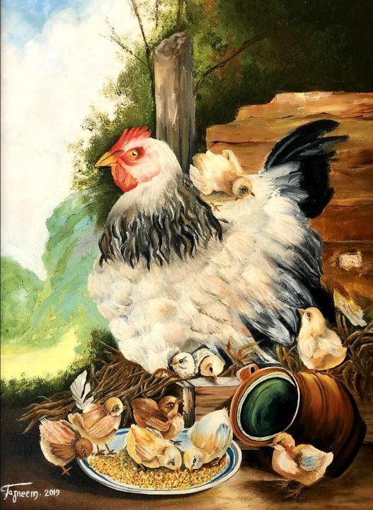 Malarstwo zatytułowany „Farm hen with chick…” autorstwa Tasneem Najjari, Oryginalna praca, Olej