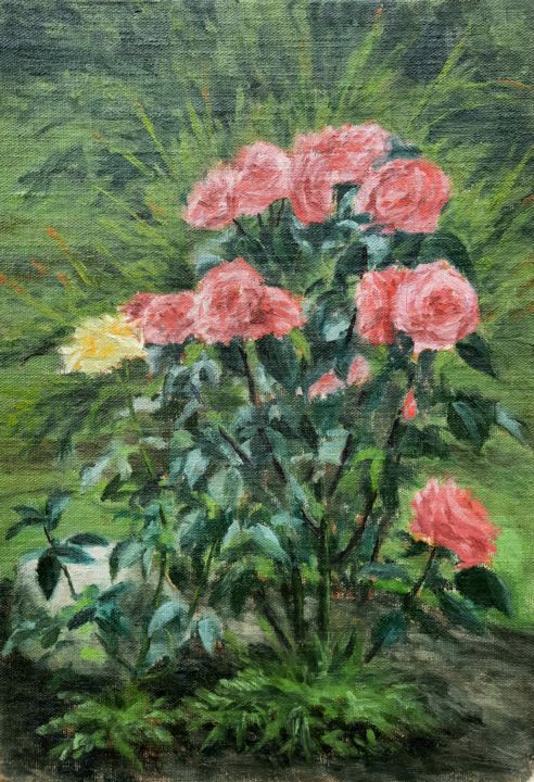 Картина под названием "Розы в саду" - Алексей Кузьмин, Подлинное произведение искусства, Масло