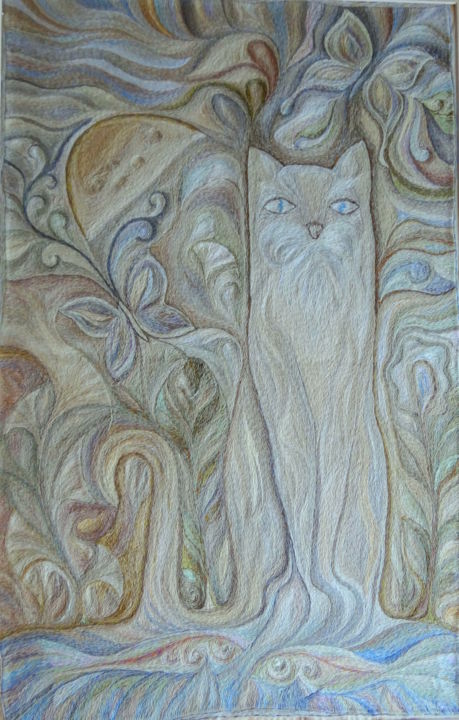 Arte textil titulada "Лунный кот мечтающи…" por Aleksandr Bo, Obra de arte original, Bordado