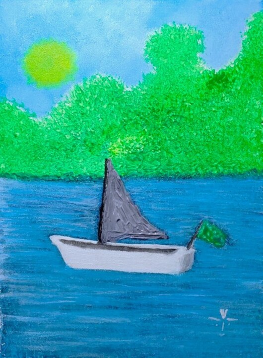 Painting titled "Just a Boat on a Po…" by Troy Wilson-Ripsom, Original Artwork, Acrylic Mounted on Wood Stretcher frame