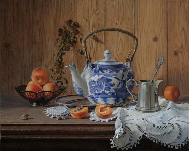 Картина под названием "Абрикосы и чайник" - Tschumakov Sergey, Подлинное произведение искусства, Масло Установлен на Деревян…