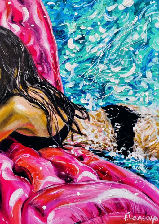 Peinture intitulée "Suny day at the pool" par Aliaksandra Tsesarskaya, Œuvre d'art originale, Acrylique Monté sur Châssis en…