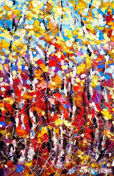 Peinture intitulée "Autumn trees - autu…" par Aliaksandra Tsesarskaya, Œuvre d'art originale, Acrylique Monté sur Châssis en…