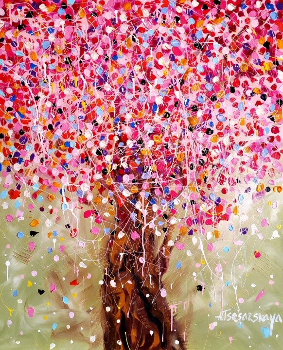 Peinture intitulée "Blossom tree - cher…" par Aliaksandra Tsesarskaya, Œuvre d'art originale, Acrylique Monté sur Châssis en…