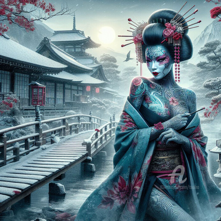 Digitale Kunst getiteld "La geisha des nuit…" door Tsuiho, Origineel Kunstwerk, AI gegenereerde afbeelding