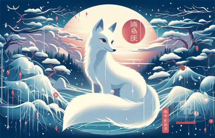 Arte digitale intitolato "Le kitsune blanc" da Tsuiho, Opera d'arte originale, Immagine generata dall'IA