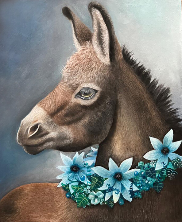 제목이 "Flower Donkey"인 그림 Txuscuende로, 원작, 파스텔 기타 단단한 패널에 장착됨