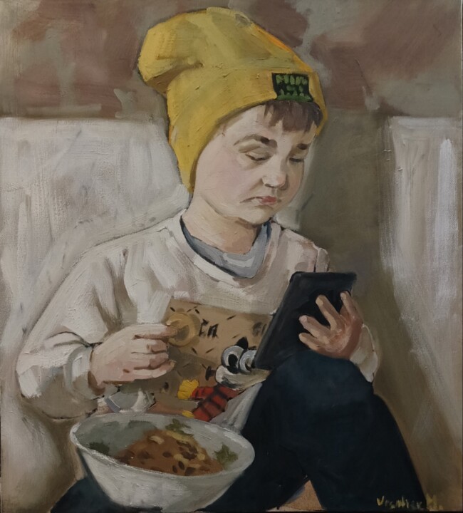 Pintura titulada "15 minute de liniște" por Maria Ursatiev-Verdeș (URSATIEV.M), Obra de arte original, Oleo Montado en Basti…