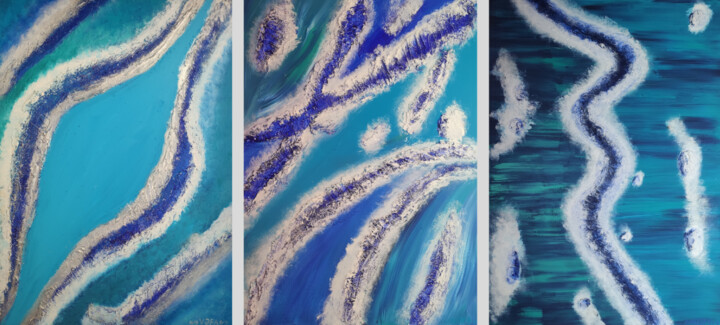 Painting titled ""Blue Water" Tripty…" by Vafa Majidli, Original Artwork, Acrylic Mounted on Wood Stretcher frame