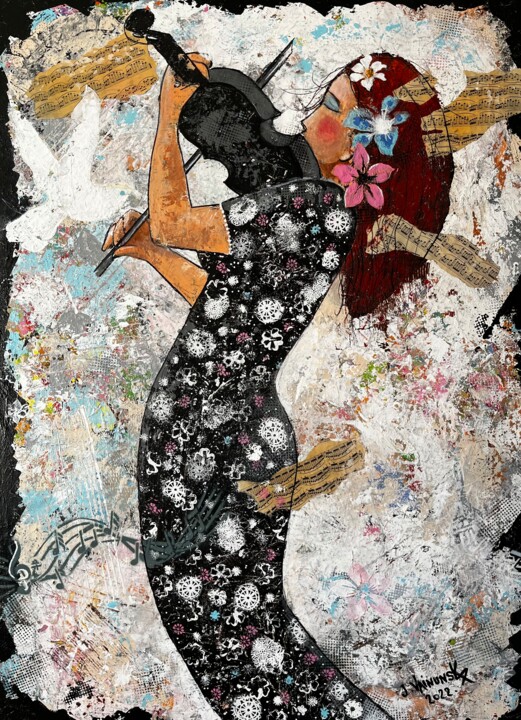 Картина под названием "The violinist in bl…" - Vainunska Jacques, Подлинное произведение искусства, Акрил Установлен на Дере…