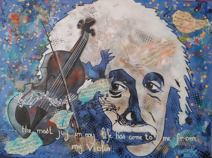 Painting titled "Einstein & his viol…" by Vainunska Jacques, Original Artwork, Acrylic
