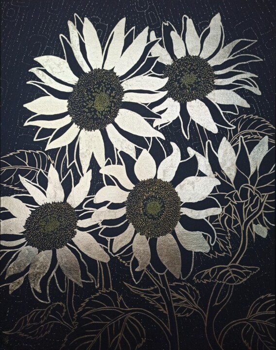 Painting titled "SUNFLOWER SHINE - m…" by Alona Vakhmistrova, Original Artwork, Marker Mounted on Wood Stretcher frame