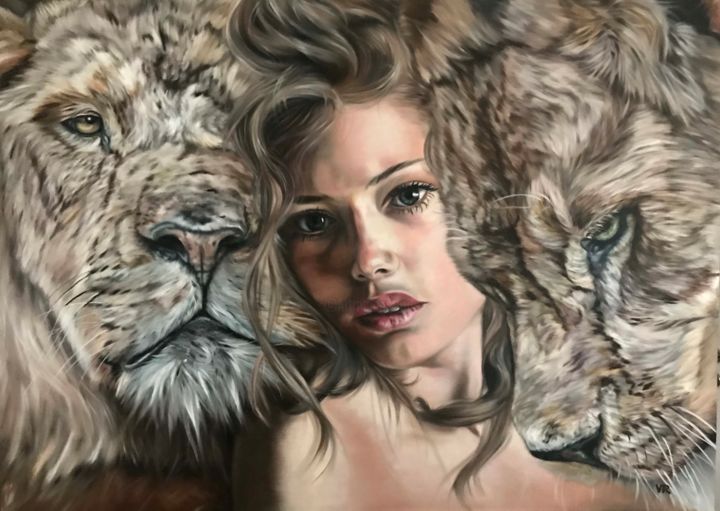 Painting titled "Queen of the Lions" by Valentina Andrees, Original Artwork, Oil
