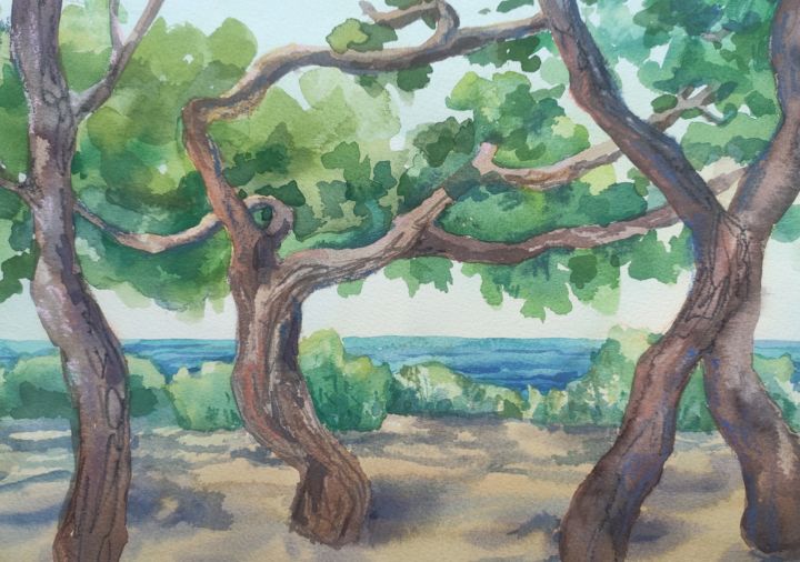 Pintura intitulada "Dancing trees" por Valentina Pushkareva, Obras de arte originais, Aquarela