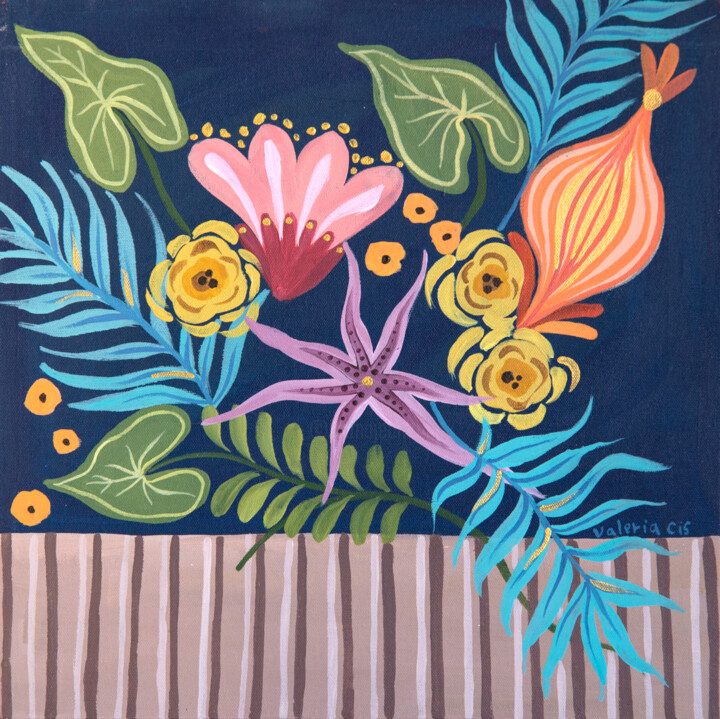 Pintura intitulada "Pintura floral en m…" por Valeria Cis, Obras de arte originais, Acrílico Montado em Armação em madeira