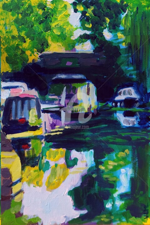 Painting titled "Boats on the Thames" by Valérie Le Meur, Original Artwork, Acrylic Mounted on Wood Stretcher frame