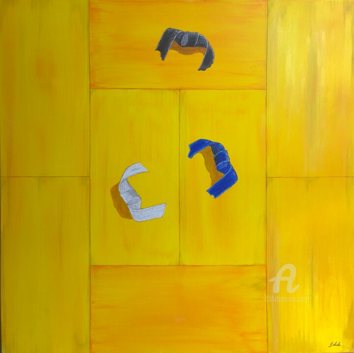 Painting titled "Big tatami Jaune" by Valérie Schuler, Original Artwork, Acrylic Mounted on Wood Stretcher frame