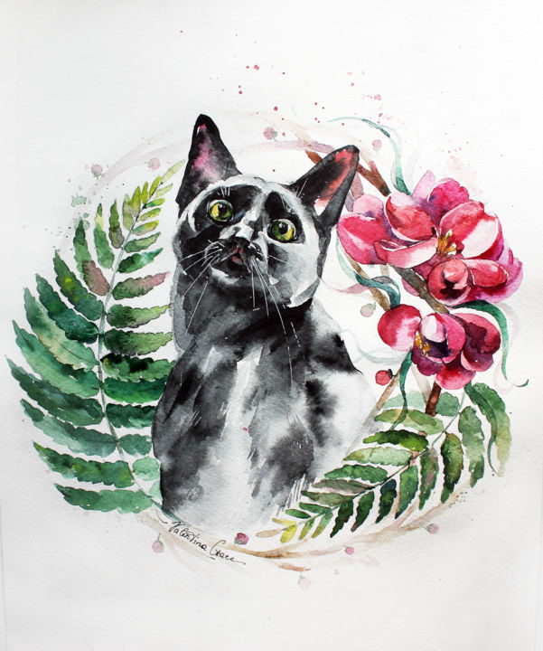 Pittura intitolato "Cat" da Valentina Grace, Opera d'arte originale, Acquarello