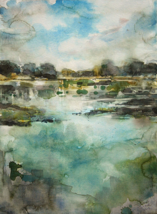 Painting titled "Etang de Crosagny" by Vanessa Renoux, Original Artwork, Watercolor