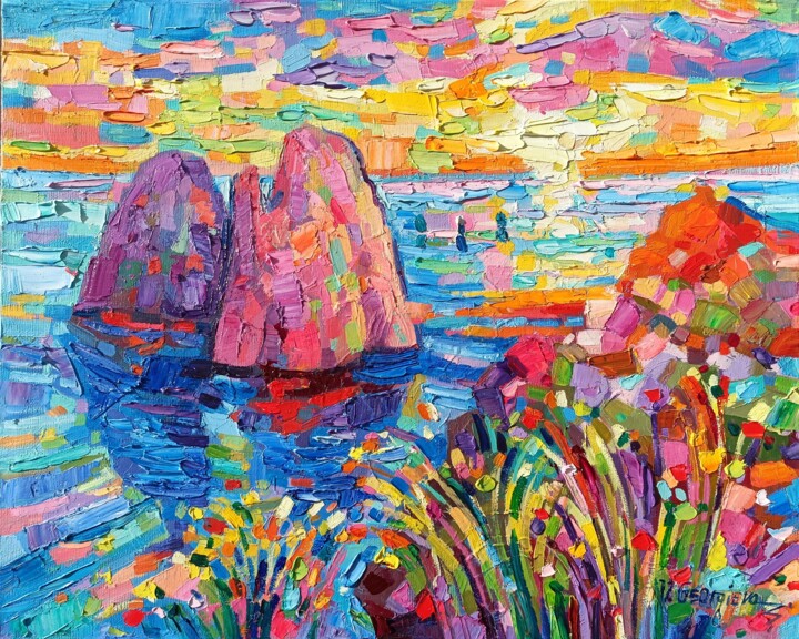 Картина под названием "Capri sunset" - Vanya Georgieva, Подлинное произведение искусства, Масло Установлен на Деревянная рам…