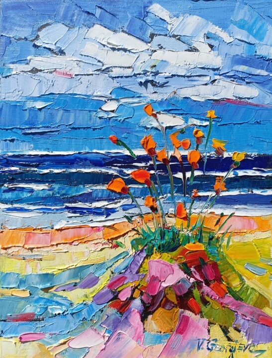 Pintura titulada "Poppies on the coast" por Vanya Georgieva, Obra de arte original, Oleo Montado en Bastidor de camilla de m…