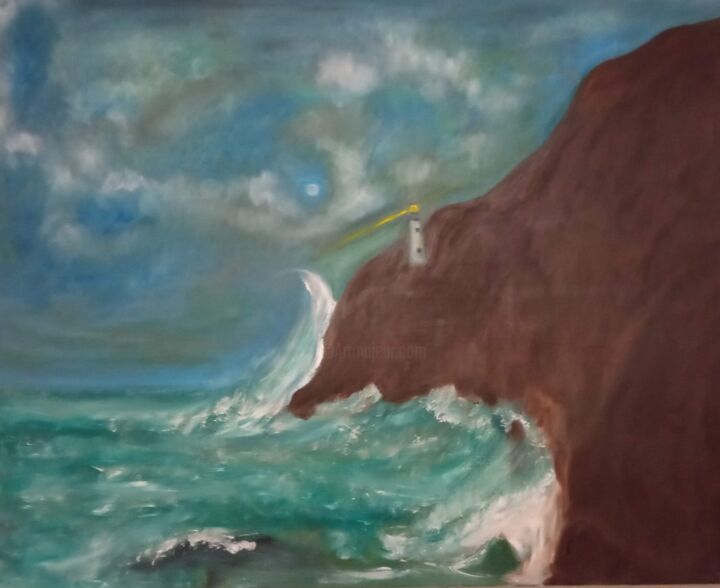 Painting titled "The lighthouse" by Vasia Perrou, Original Artwork, Oil