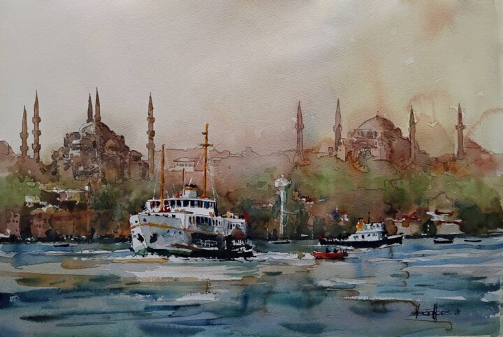 Painting titled "Ferry in front of H…" by Vedat Yildiz, Original Artwork, Watercolor