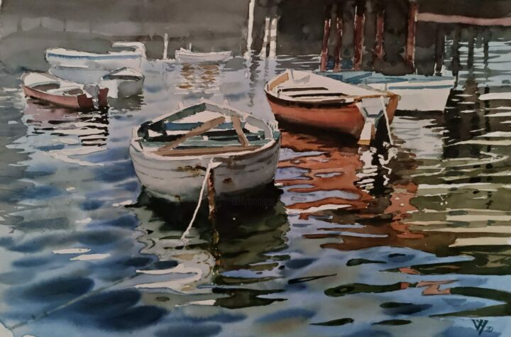 Peinture intitulée "A fishing port on t…" par Vedat Yildiz, Œuvre d'art originale, Aquarelle