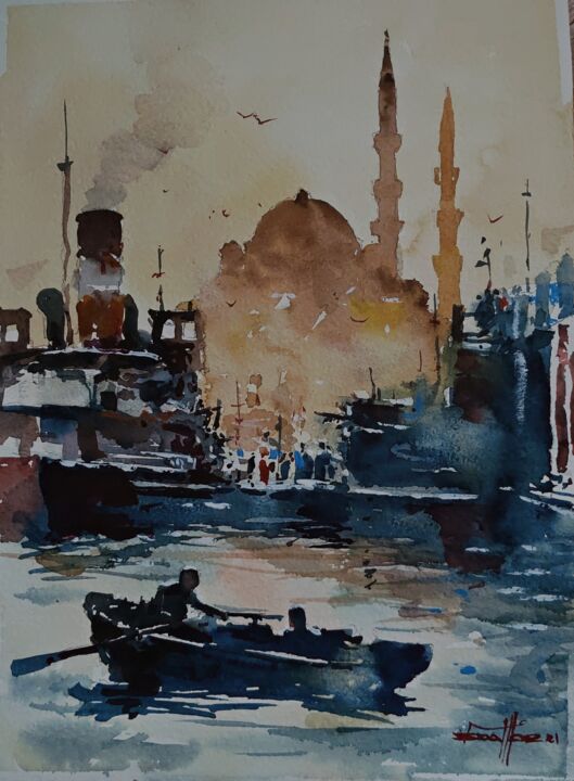 Peinture intitulée "Eminönü" par Vedat Yildiz, Œuvre d'art originale, Aquarelle