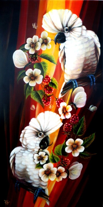 Painting titled "Два белых попугая с…" by Vera Winter, Original Artwork, Acrylic