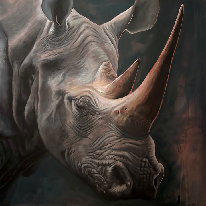 Картина под названием "Rhinocéros - Roberto" - Véro Blaise, Подлинное произведение искусства, Акрил Установлен на Деревянная…