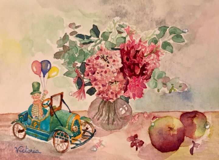 Peinture intitulée "Voiture" par Victoria, Œuvre d'art originale, Aquarelle