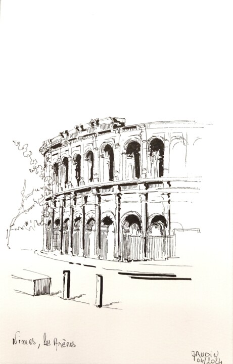 Drawing titled "Les arènes de Nîmes" by Veronique Gaudin, Original Artwork, Ink