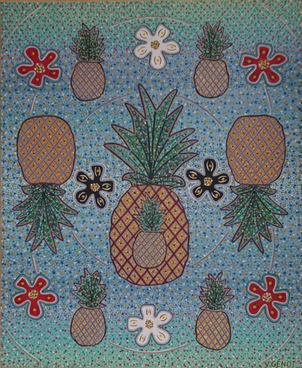 Pintura intitulada "Ananas" por Véronique Génot, Obras de arte originais, Óleo
