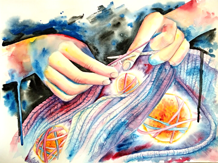 Pintura intitulada "Caring Hands Knit T…" por Veronika Pozdniakova, Obras de arte originais, Aquarela